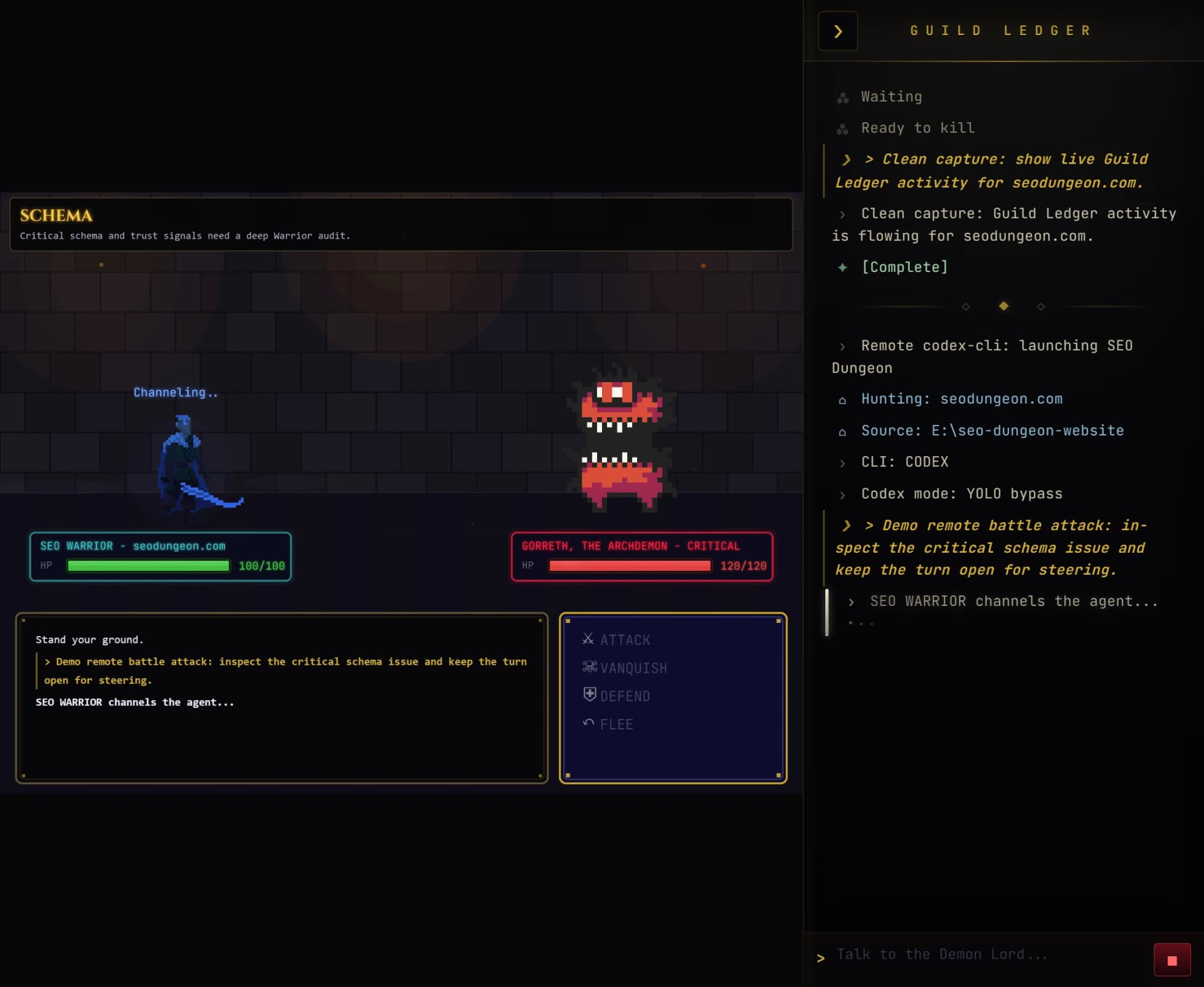 Turn-based combat in SEO Dungeon with Guild Ledger showing real-time local AI activity