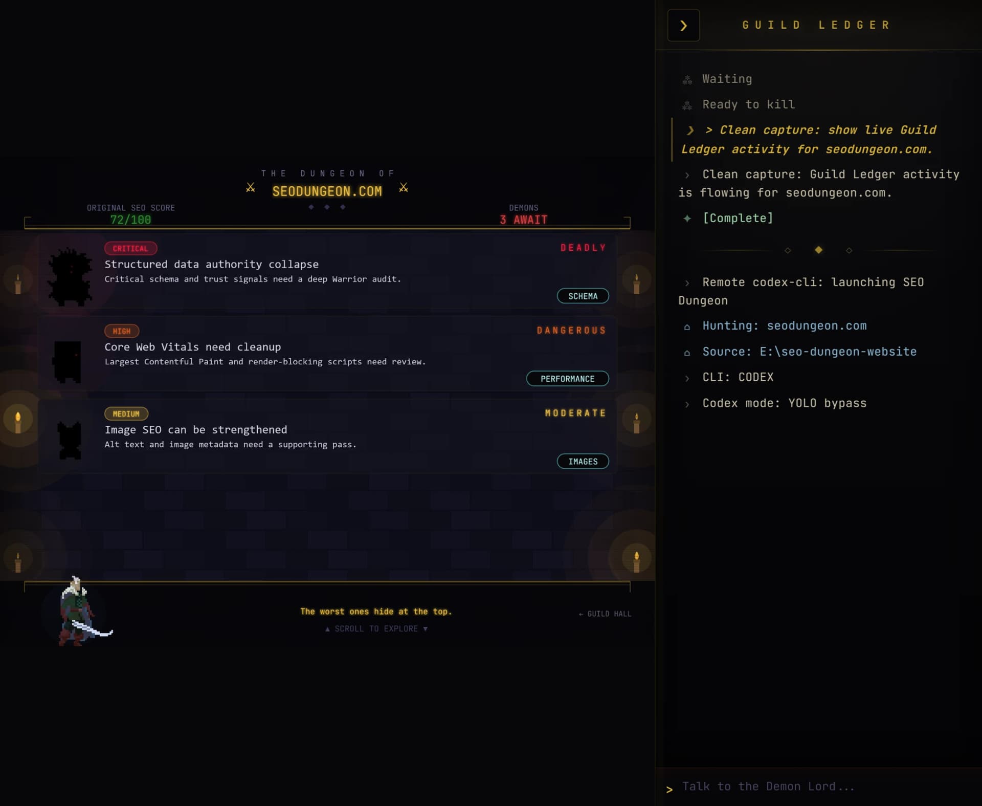SEO Dungeon hall showing SEO issues as demons sorted by severity with particle effects