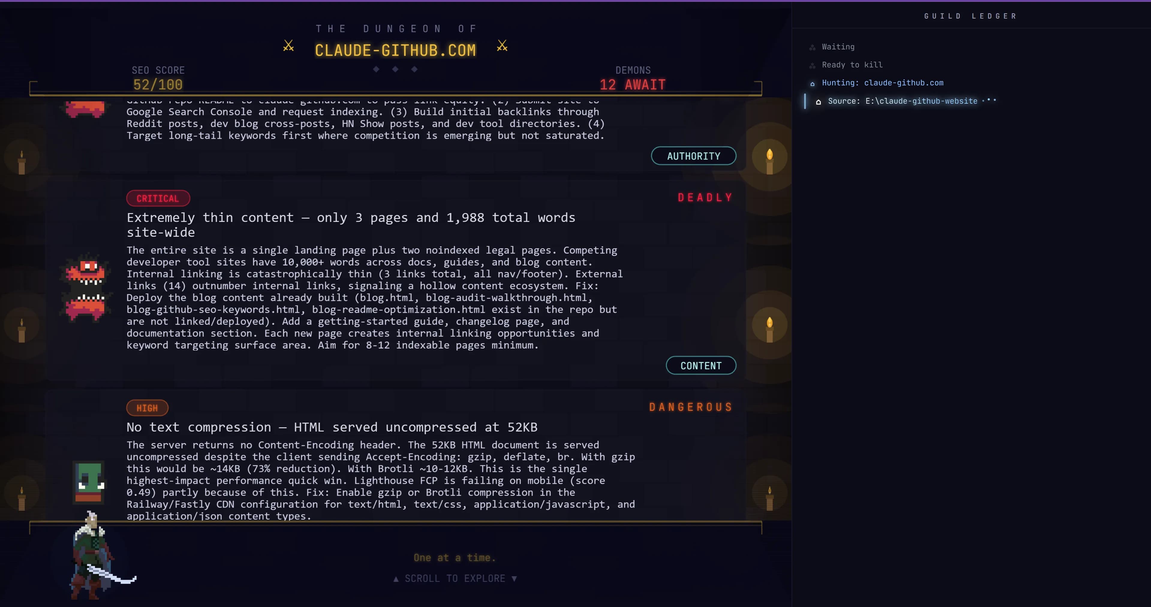 Claude SEO Dungeon hall showing SEO issues as demons sorted by severity with particle effects