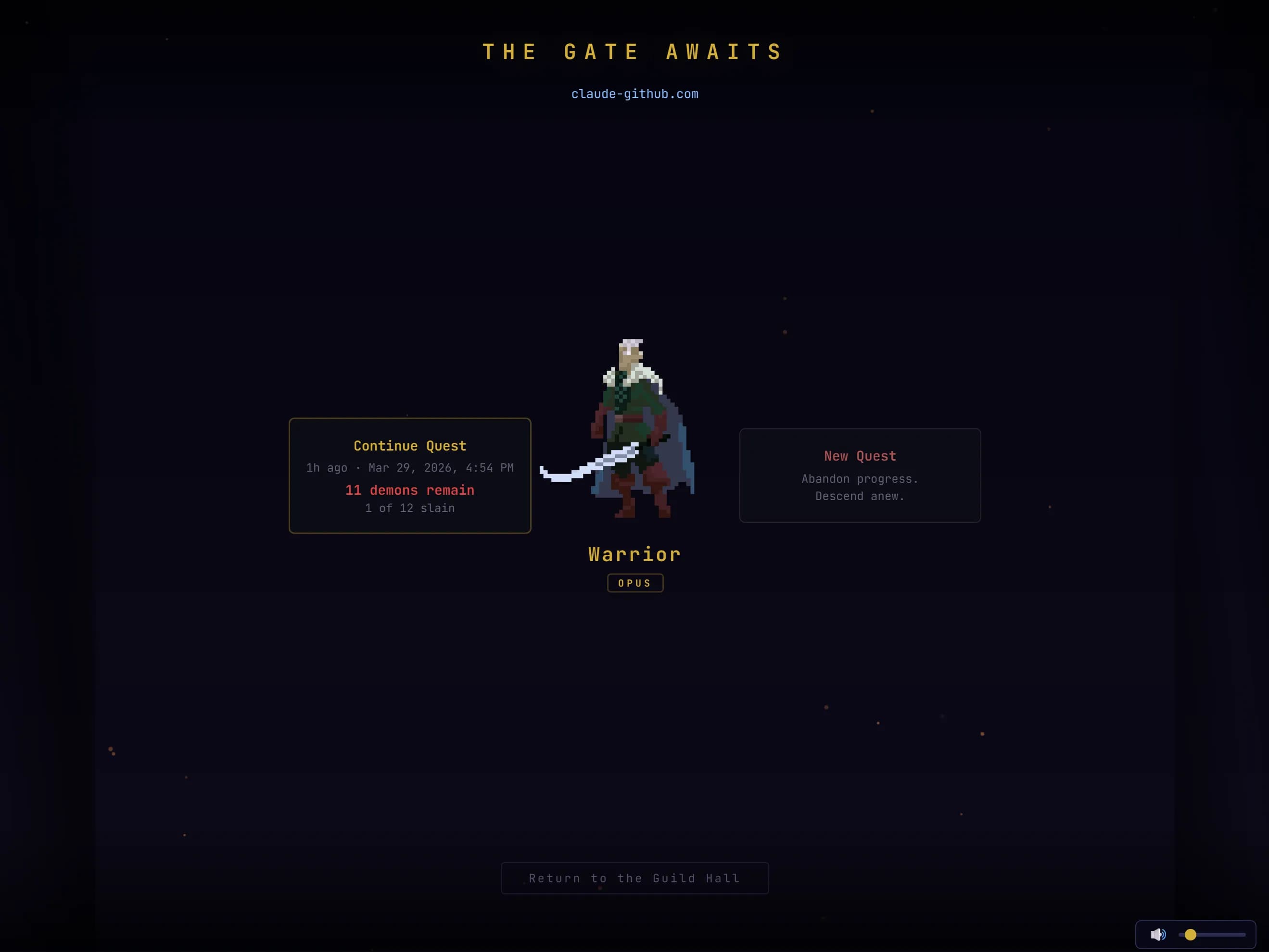 Claude SEO Dungeon gate scene - continue quest or start new SEO audit in pixel art interface