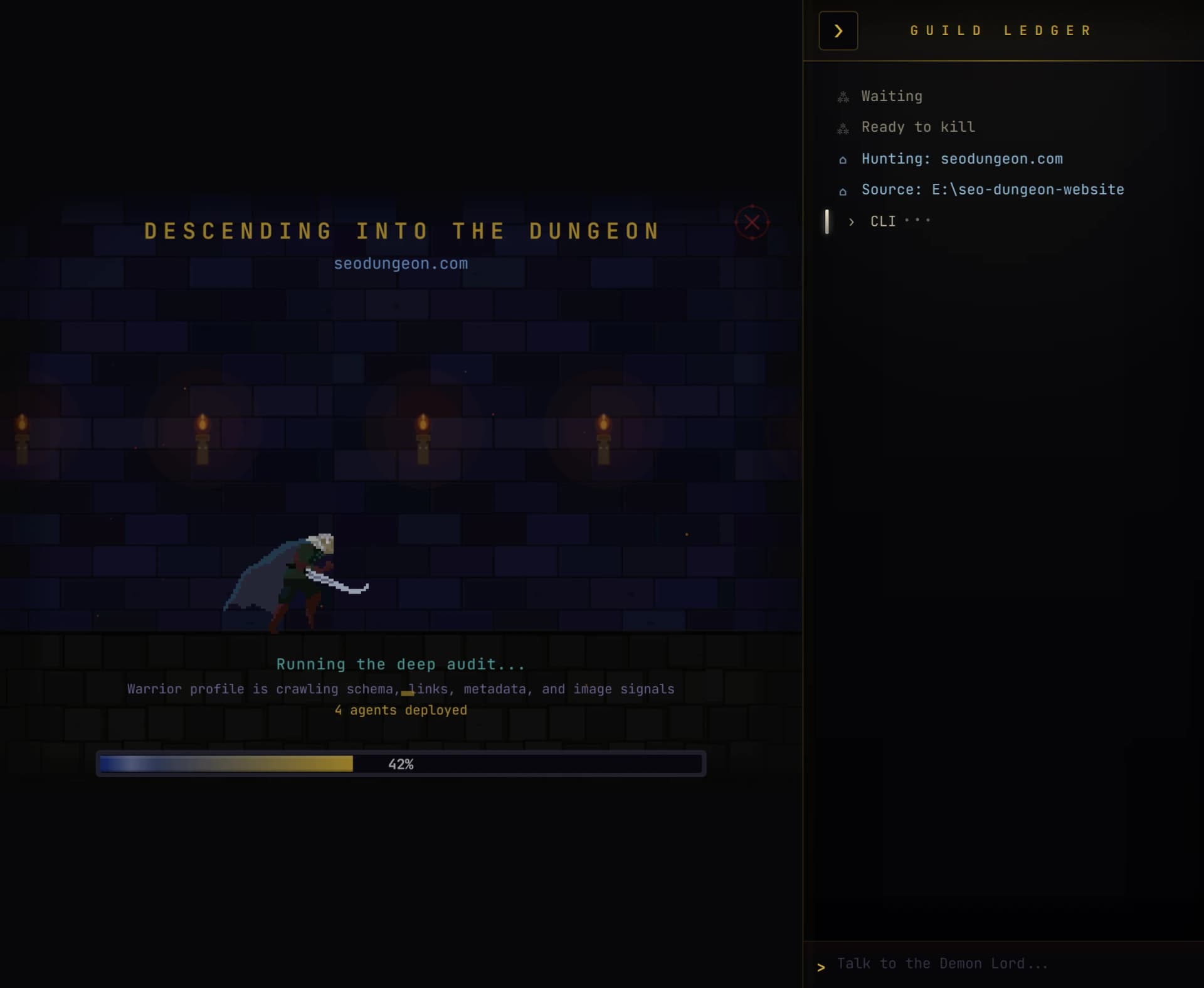 SEO Dungeon summoning hallway scene showing the audit running while the hero descends