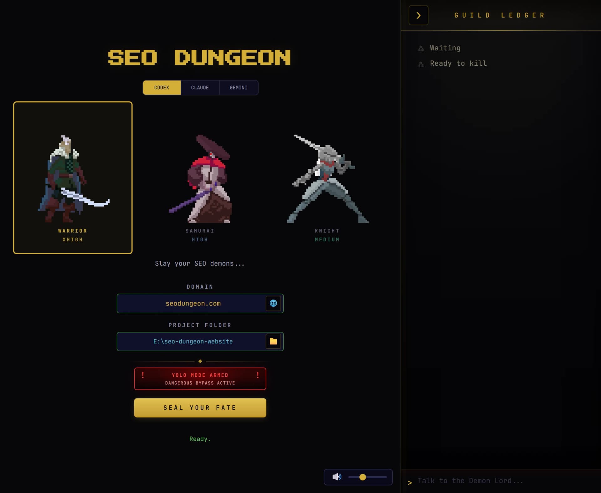 SEO Dungeon character select screen showing Warrior, Samurai, and Knight classes