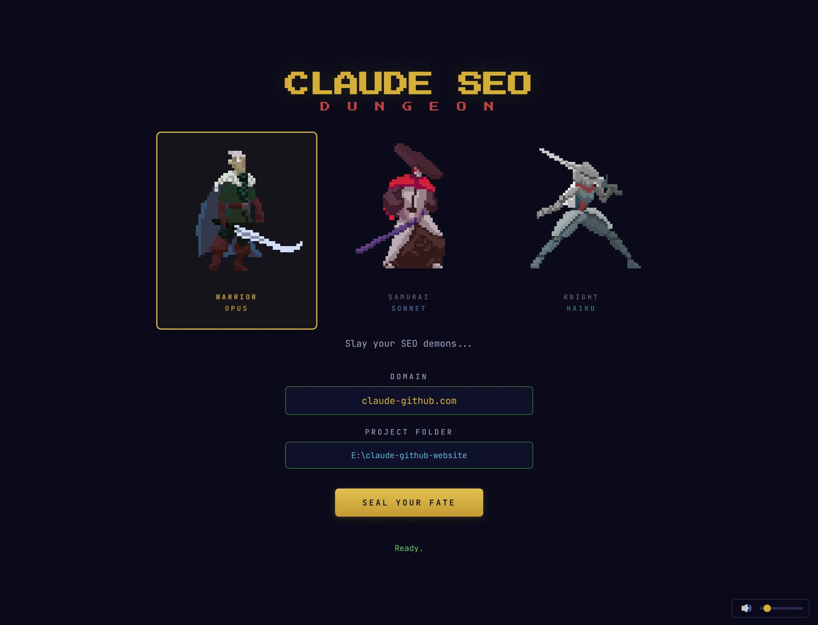 Claude SEO Dungeon character select screen showing Warrior Opus Samurai Sonnet and Knight Haiku classes